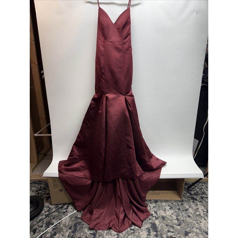NWT Stacees Trumpet/Mermaid V Neck Satin Prom Dress with Bow Sz 4 Cabernet Red
